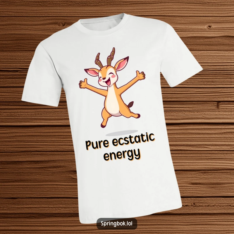 Funny kawaii springbok t-shirt captured mid-joyful jump with arms spread wide, embodying pure enthusiasm and cute charm.