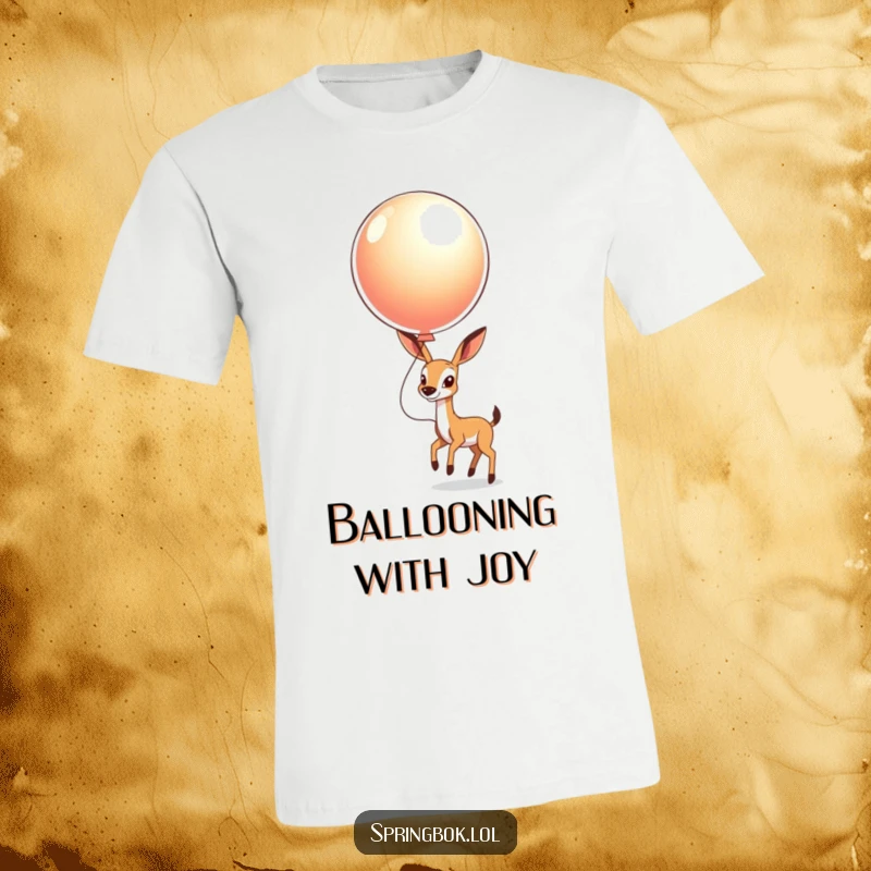 Funny Springbok Balloon T-Shirt: A springbok joyfully bouncing an oversized, shiny balloon, radiating happiness.