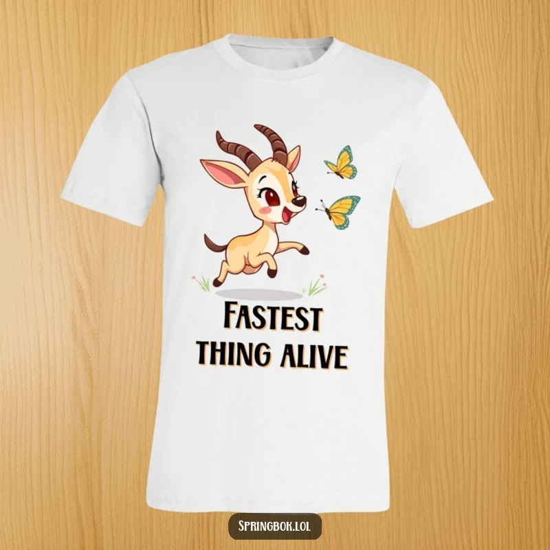 Funny springbok character joyfully chasing a butterfly on a comfortable t-shirt, perfect for lovers of nature and lighthearted humor.
