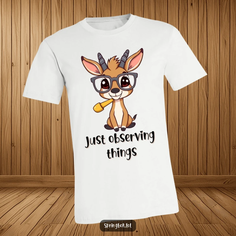 Funny springbok in big glasses, looking surprised at something comical, printed on a comfortable t-shirt.