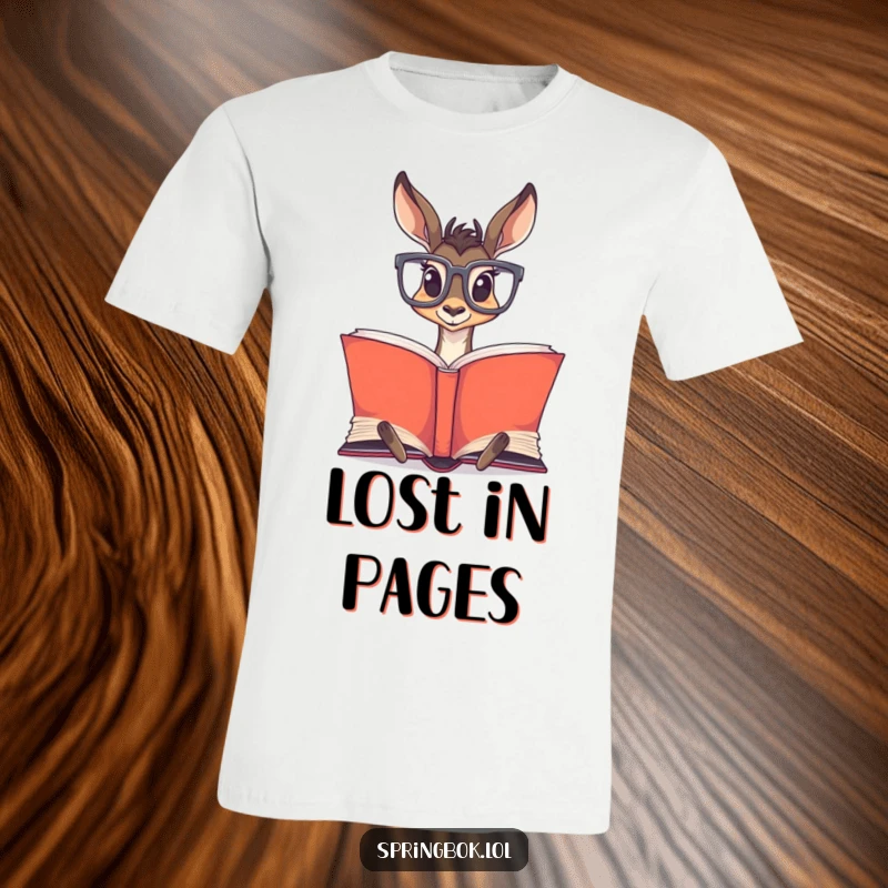Funny Springbok Glasses T-Shirt: A springbok wearing big glasses, deeply focused on reading a large, open book.
