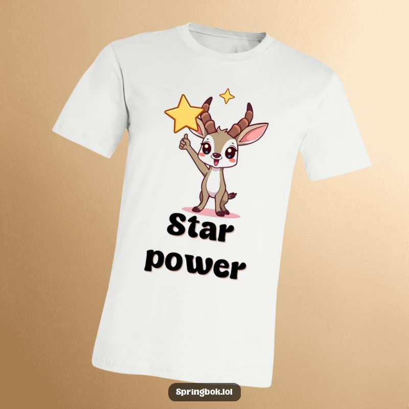 Funny springbok t-shirt depicting a triumphant character posing proudly under a large, guiding star.
