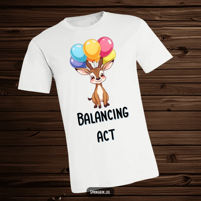 Funny t-shirt featuring a proud springbok character balancing several colorful balloons on its nose, a playful celebration of success.