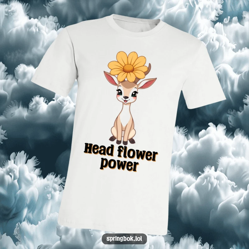 Funny t-shirt featuring a happy antelope balancing a large flower on its head, radiating cheer.