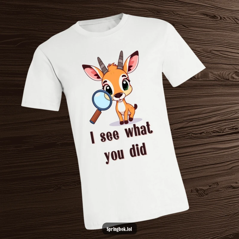 Funny springbok t-shirt, a creature with wide, curious eyes using a giant magnifying glass to explore its surroundings with playful intrigue.