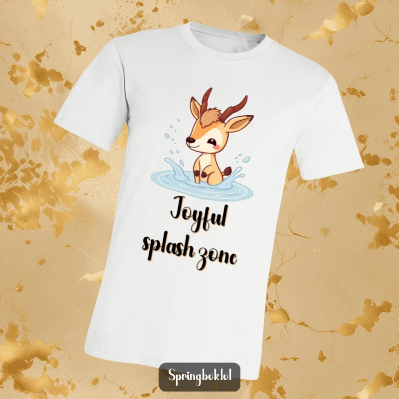 Funny springbok t-shirt featuring a playful springbok character splashing happily in a puddle, perfect for casual wear.