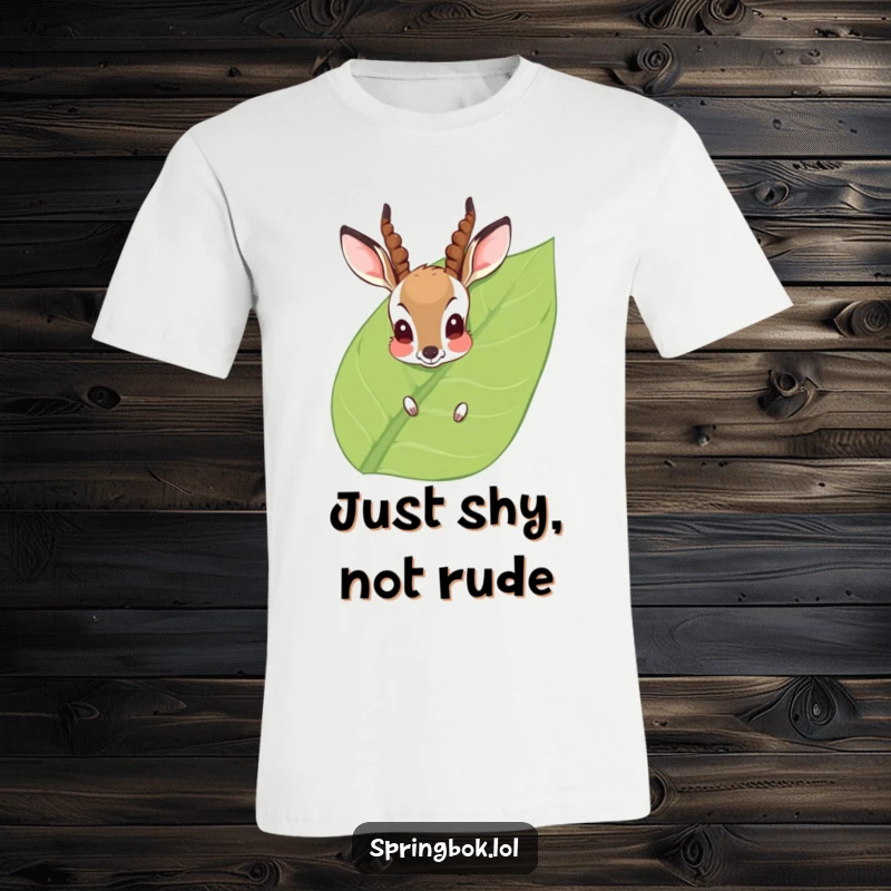 Funny T-Shirt: A charming antelope with rosy cheeks peeks shyly from a vibrant green leaf, showcasing an endearing and bashful personality.