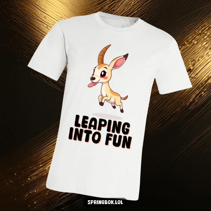 Funny springbok leaping high with tongue out, conveying pure excitement on a comfortable, humorous t-shirt.