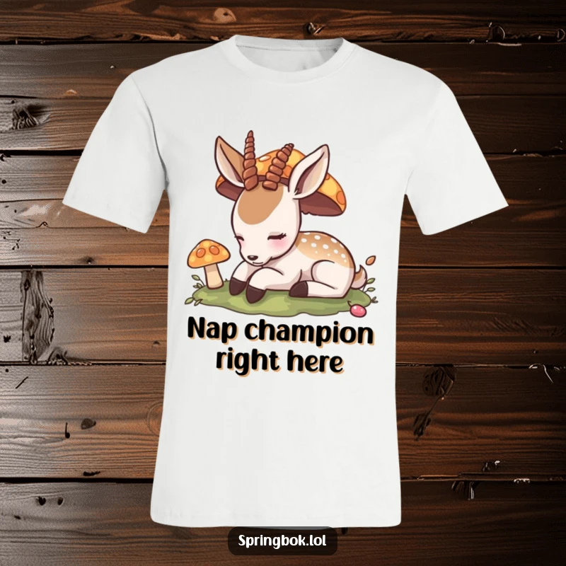Funny T-Shirt: A serene antelope slumbers peacefully under a whimsical, colorful mushroom, embodying a calm and contented spirit.