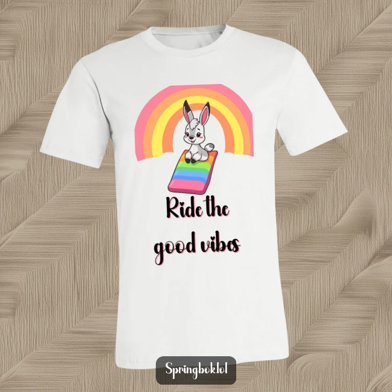 Funny springbok t-shirt, illustrating a springbok gleefully descending a bright rainbow slide, symbolizing uninhibited joy and adventure.