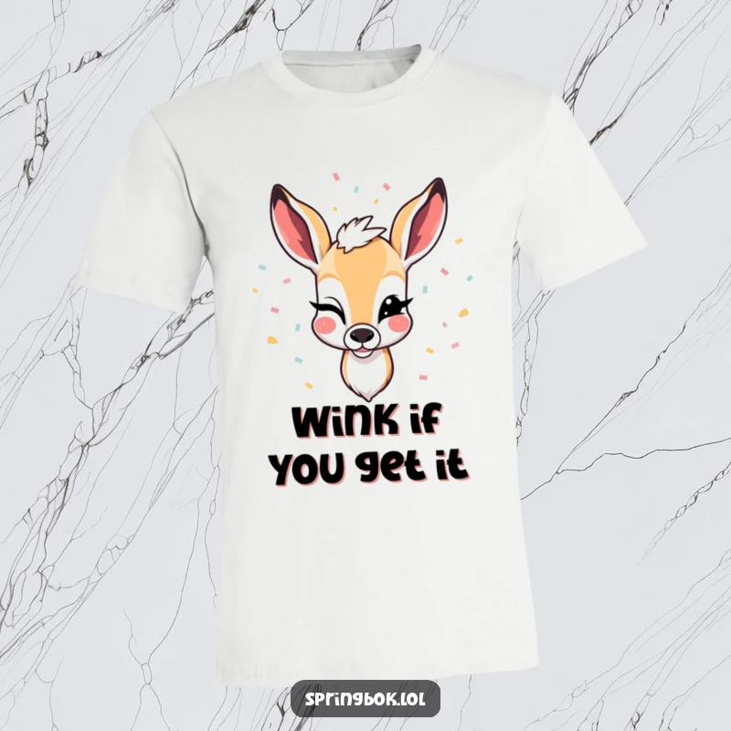 Funny t-shirt with a springbok giving a playful wink surrounded by a shower of festive confetti, perfect for parties.