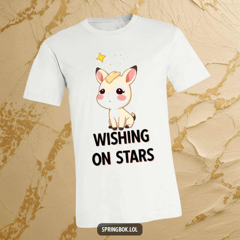 Funny starry sky springbok t-shirt, a rosy-cheeked springbok character looking up at a starry night sky, dreamy and cute.