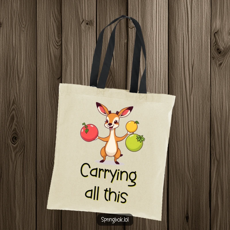 Funny springbok energetically juggling colorful fruits, printed on a practical and eye-catching tote bag.