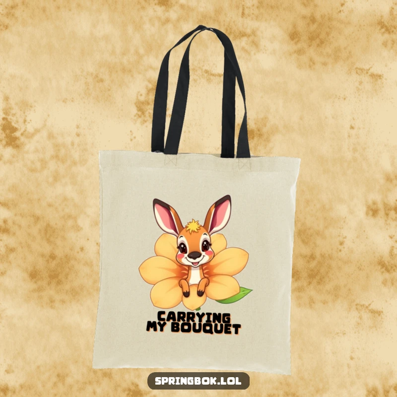 Funny springbok tote bag peeking playfully from behind a large, happy flower, perfect for carrying goodies with a smile.