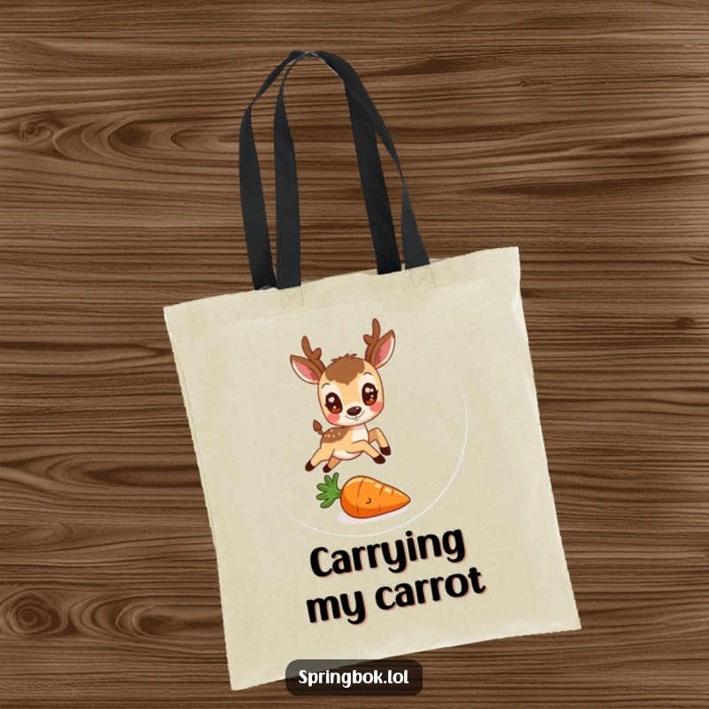 Funny tote bag showing a round antelope with friendly eyes leaping over a tiny carrot, a cheerful and humorous accessory.