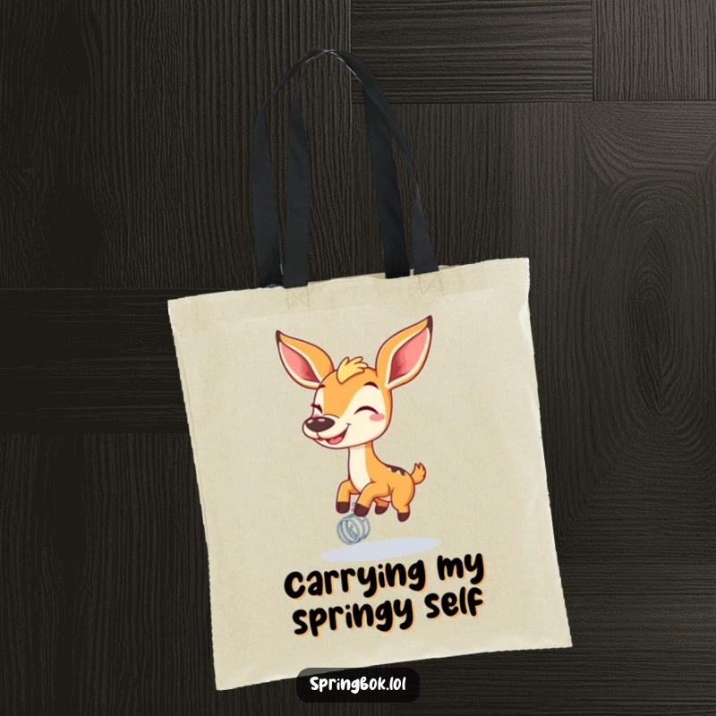 Funny springbok with a wide grin bouncing on a spring on a tote bag, bringing playful energy to everyday tasks.