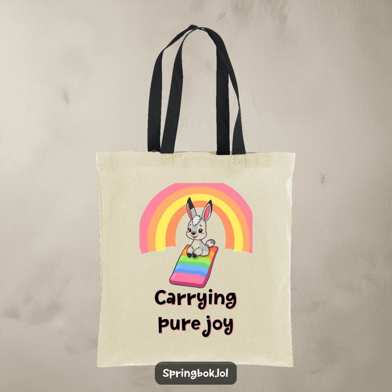 Funny springbok tote bag, designed with a springbok gleefully sliding down a rainbow, perfect for carrying essentials with maximum fun.