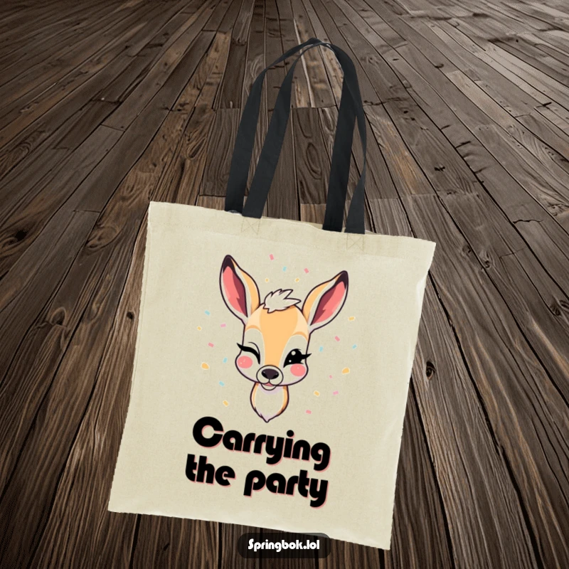 Funny tote bag showcasing a springbok winking with confetti falling, perfect for carrying essentials to any party.