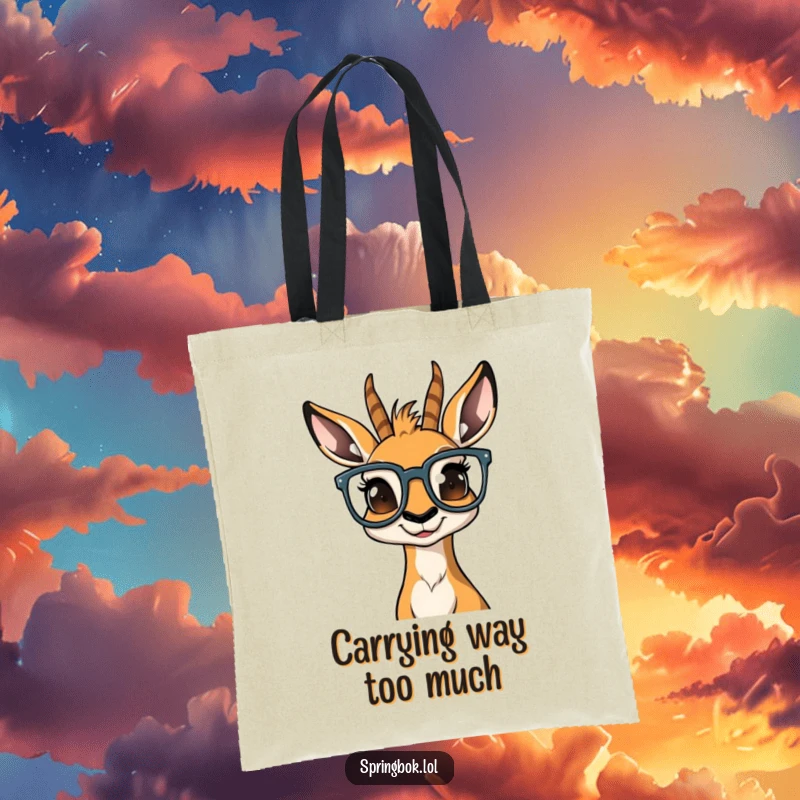 Funny springbok with huge glasses, a look of bewilderment on its face, perfect for a humorous tote bag.