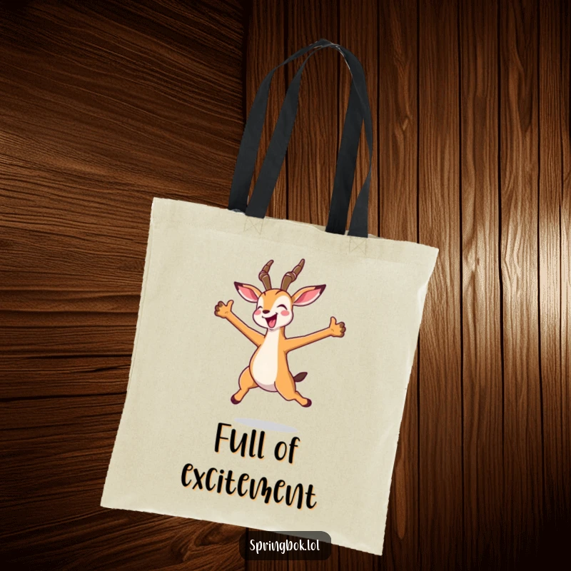 Funny kawaii springbok tote bag in a joyful, wide-armed jump, perfect for carrying items with a cheerful and cute flair.