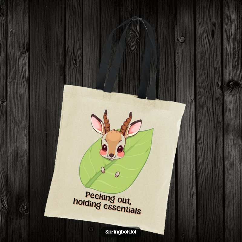 Funny Tote Bag: An adorable antelope blushes as it peeks from behind a leaf, offering a cute and humorous companion for your errands.