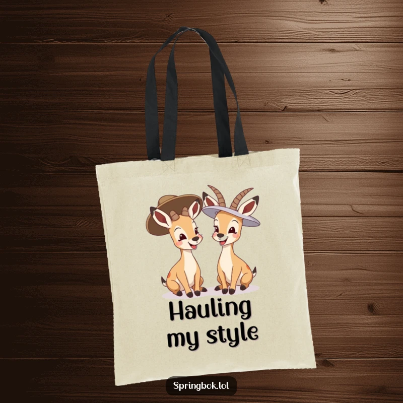 Funny springbok giggling tote bag, two springboks in oversized hats giggling, spacious and humorous tote.