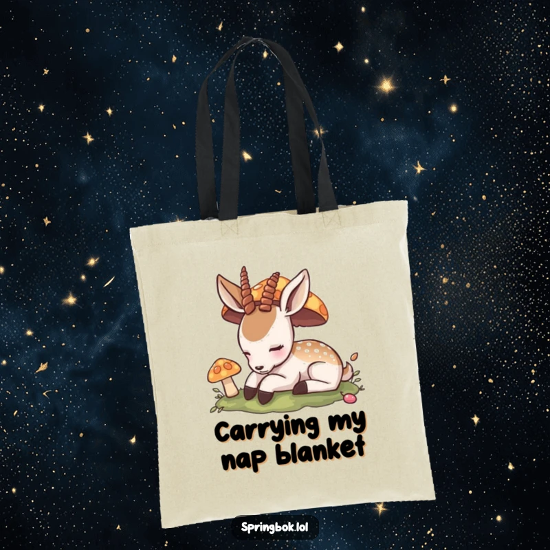 Funny Tote Bag: A peaceful antelope naps under a colorful mushroom, showcasing a zen-like vibe for carrying your belongings with humor.