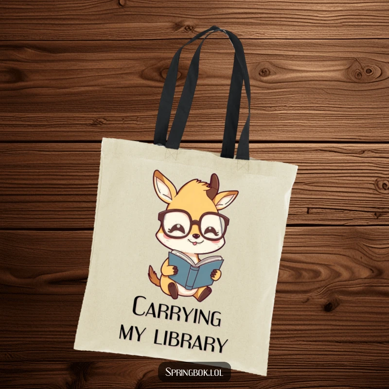 Funny tote bag with a springbok character wearing oversized glasses, humorously reading, perfect for carrying books and essentials.