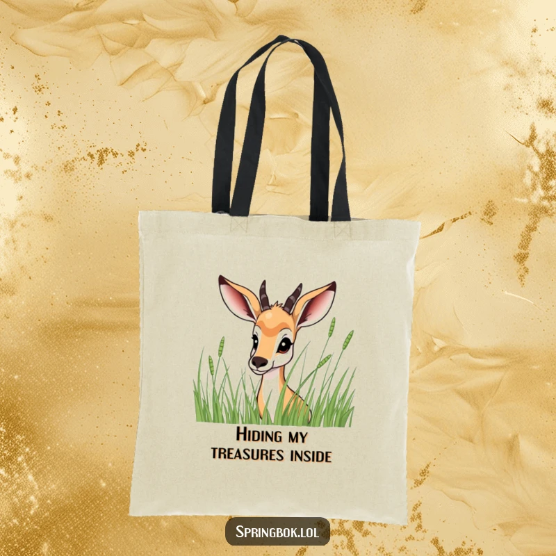 Funny Springbok Tote Bag: A springbok playfully peeking from behind tall grass, perfect for carrying your items with a hint of fun.