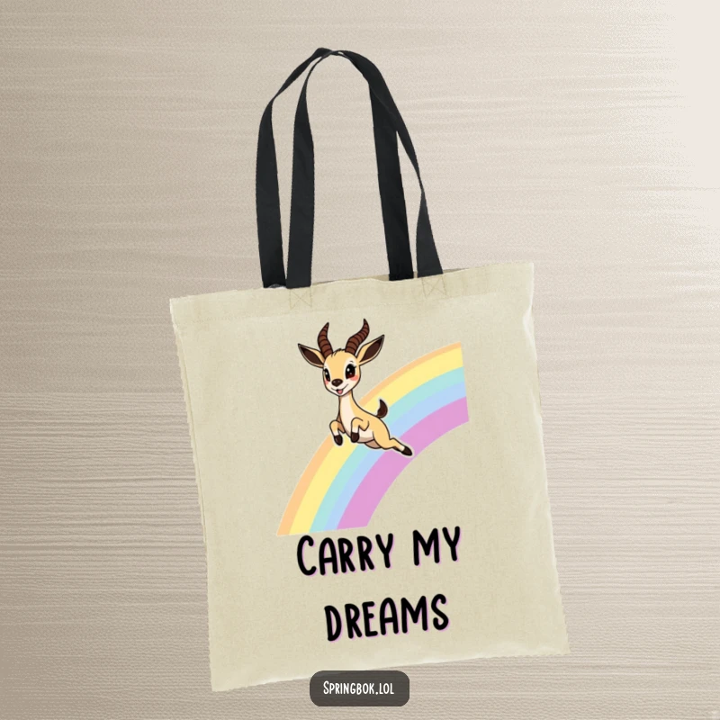 Funny Springbok Rainbow Tote Bag, featuring a cute springbok leaping over a rainbow with wide, delighted eyes, perfect for whimsical shoppers.