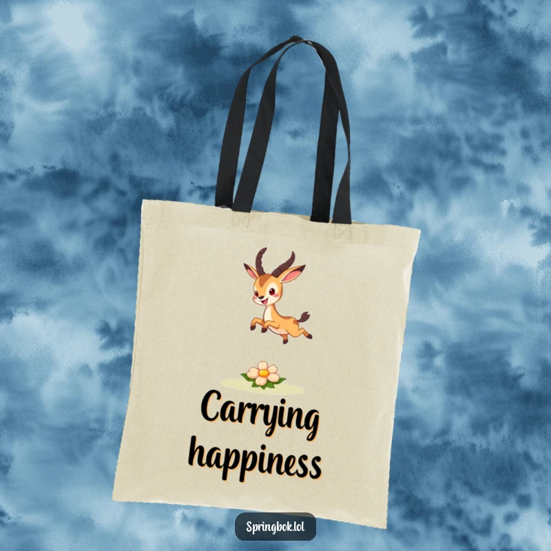 Funny tote bag showing a cute springbok character joyfully leaping over a small, smiling flower, a cheerful accessory.