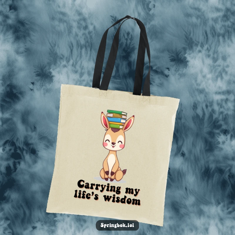 Funny springbok tote bag featuring a springbok expertly balancing a stack of colorful books on its head, perfect for carrying books.