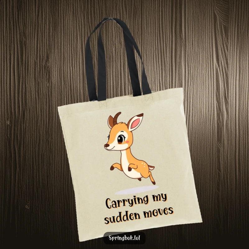 Funny springbok captured in a surprised little hop, ready for action, on a practical tote bag.