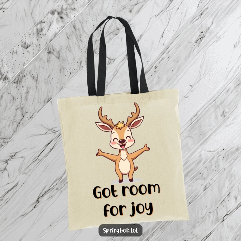 Funny Antelope Tote Bag: A joyful antelope stands in a comically silly pose with arms outstretched, radiating pure delight.