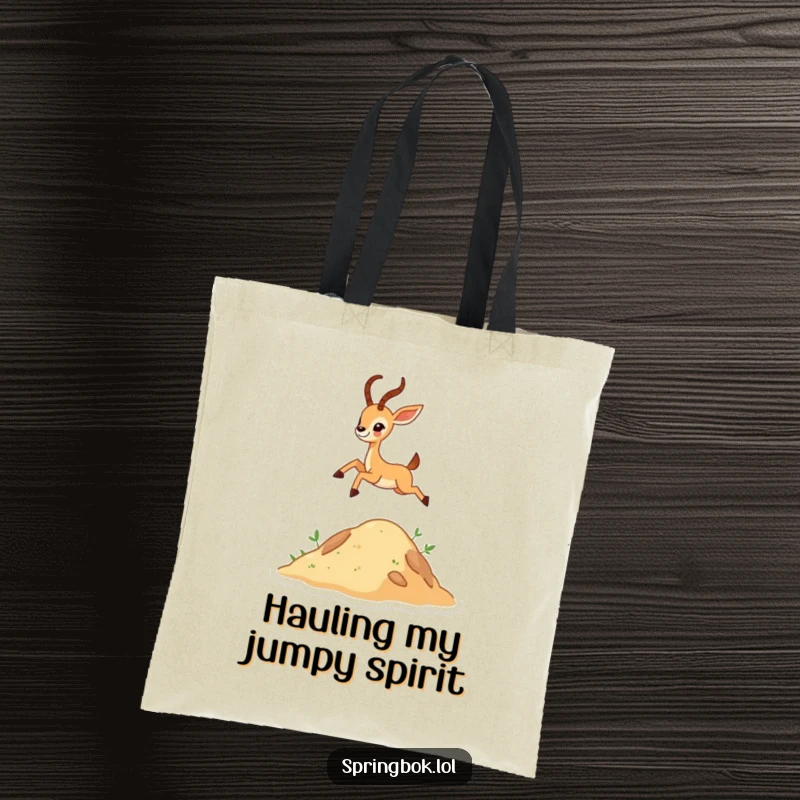 Funny tiny antelope character leaping high over a small hill on a tote bag, bringing joy to everyday tasks.