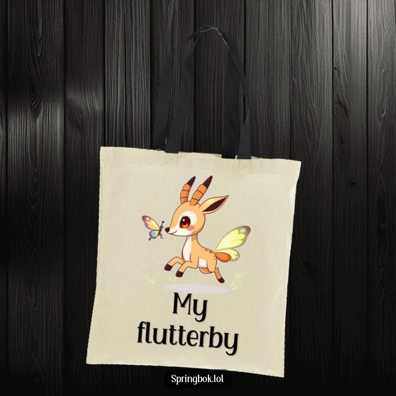 Funny springbok tote bag featuring a playful character chasing a shimmering butterfly, ideal for carrying essentials with charm.
